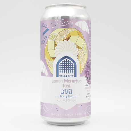 This is a can of Vault City - Lemon Meringue Iced Bun - 4.8% (440ml). It is a Sour craft beer available to buy from Ghost Whale, voted London's best craft beer shop.