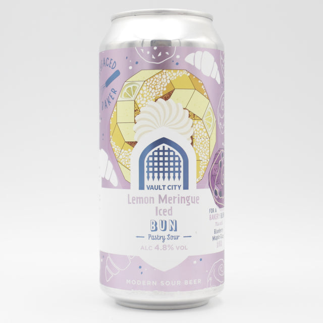 This is a can of Vault City - Lemon Meringue Iced Bun - 4.8% (440ml). It is a Sour craft beer available to buy from Ghost Whale, voted London's best craft beer shop.