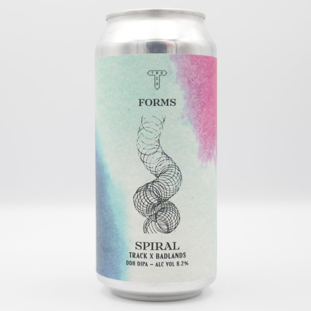 This is a can of Track / Badlands - Spiral - 8.2% (440ml). It is a Double IPA craft beer available to buy from Ghost Whale, voted London's best craft beer shop.