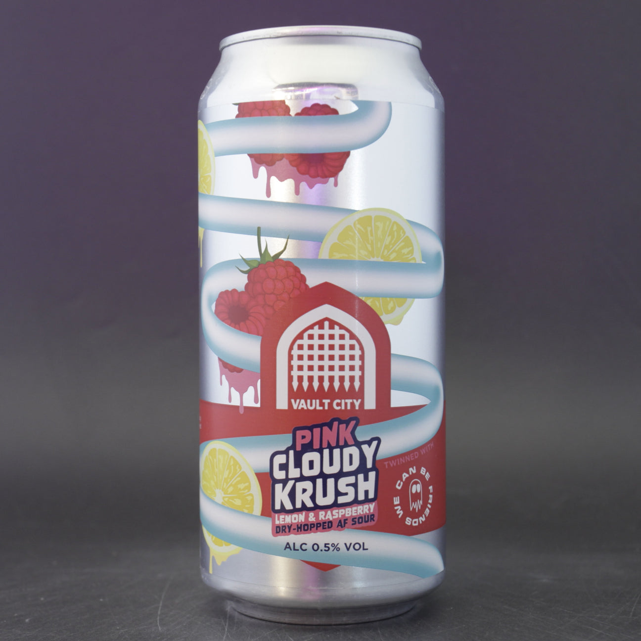 This is a can of Vault City / We Can Be Friends - Pink Cloudy Krush  - 0.5% (440ml). It is a Sour craft beer available to buy from Ghost Whale, voted London's best craft beer shop.