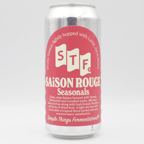 This is a can of Simple Things Fermentations - Saison Rouge - 6.1% (440ml). It is a Saison craft beer available to buy from Ghost Whale, voted London's best craft beer shop.