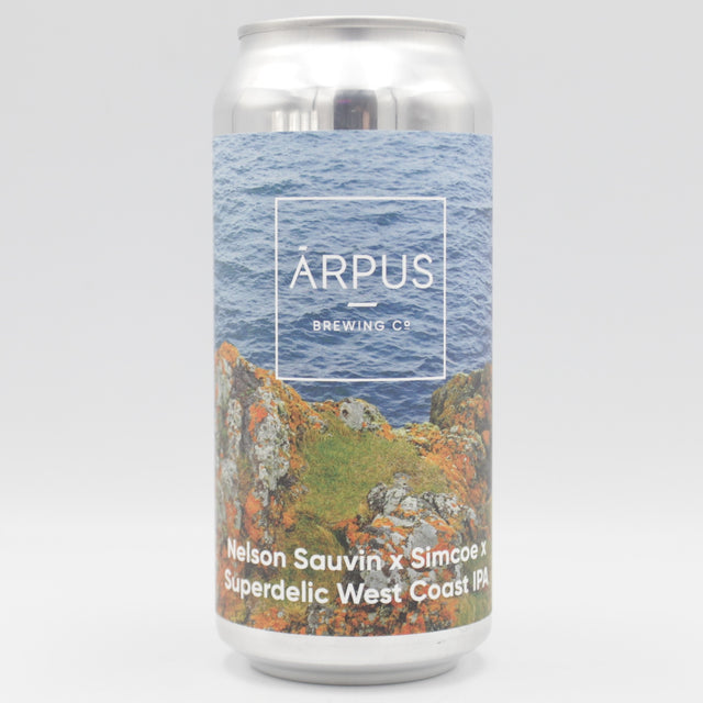 This is a can of Arpus Brewing Co - Nelson Sauvin x Simcoe x Superdelic West Coast IPA - 6.2% (440ml). It is a IPA craft beer available to buy from Ghost Whale, voted London's best craft beer shop.