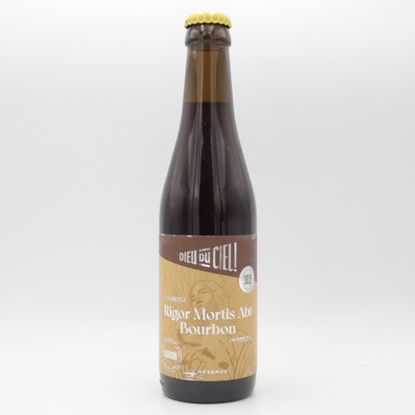 This is a bottle of Dieu Du Ciel - Rigor Mortis Abt Bourbon (2025) - 10.5% (330ml). It is a Belgian Style craft beer available to buy from Ghost Whale, voted London's best craft beer shop.