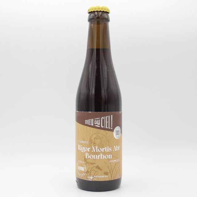 This is a bottle of Dieu Du Ciel - Rigor Mortis Abt Bourbon (2025) - 10.5% (330ml). It is a Belgian Style craft beer available to buy from Ghost Whale, voted London's best craft beer shop.