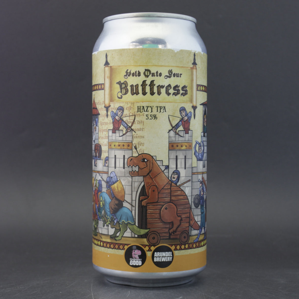 This is a can of Staggeringly Good / Arundel - Hold Onto Your Butress - 5.5% (440ml). It is a Pale Ale craft beer available to buy from Ghost Whale, voted London's best craft beer shop.