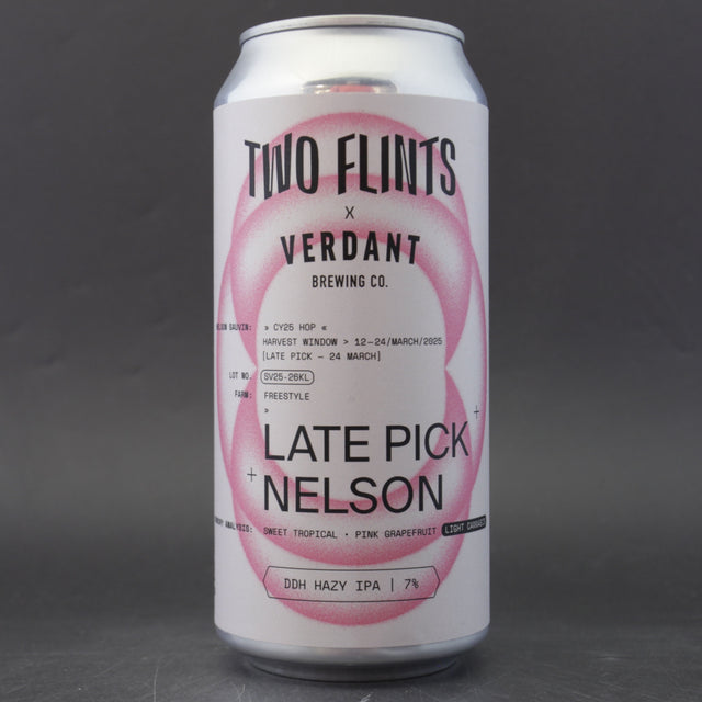 This is a can of Two Flints / Verdant - Late Pick Nelson - 7% (440ml). It is a IPA craft beer available to buy from Ghost Whale, voted London's best craft beer shop.