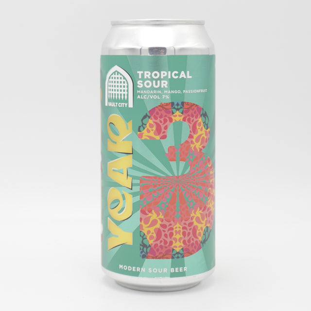 This is a can of Vault City - Year 3: Tropical Sour - 7% (440ml). It is a Sour craft beer available to buy from Ghost Whale, voted London's best craft beer shop.