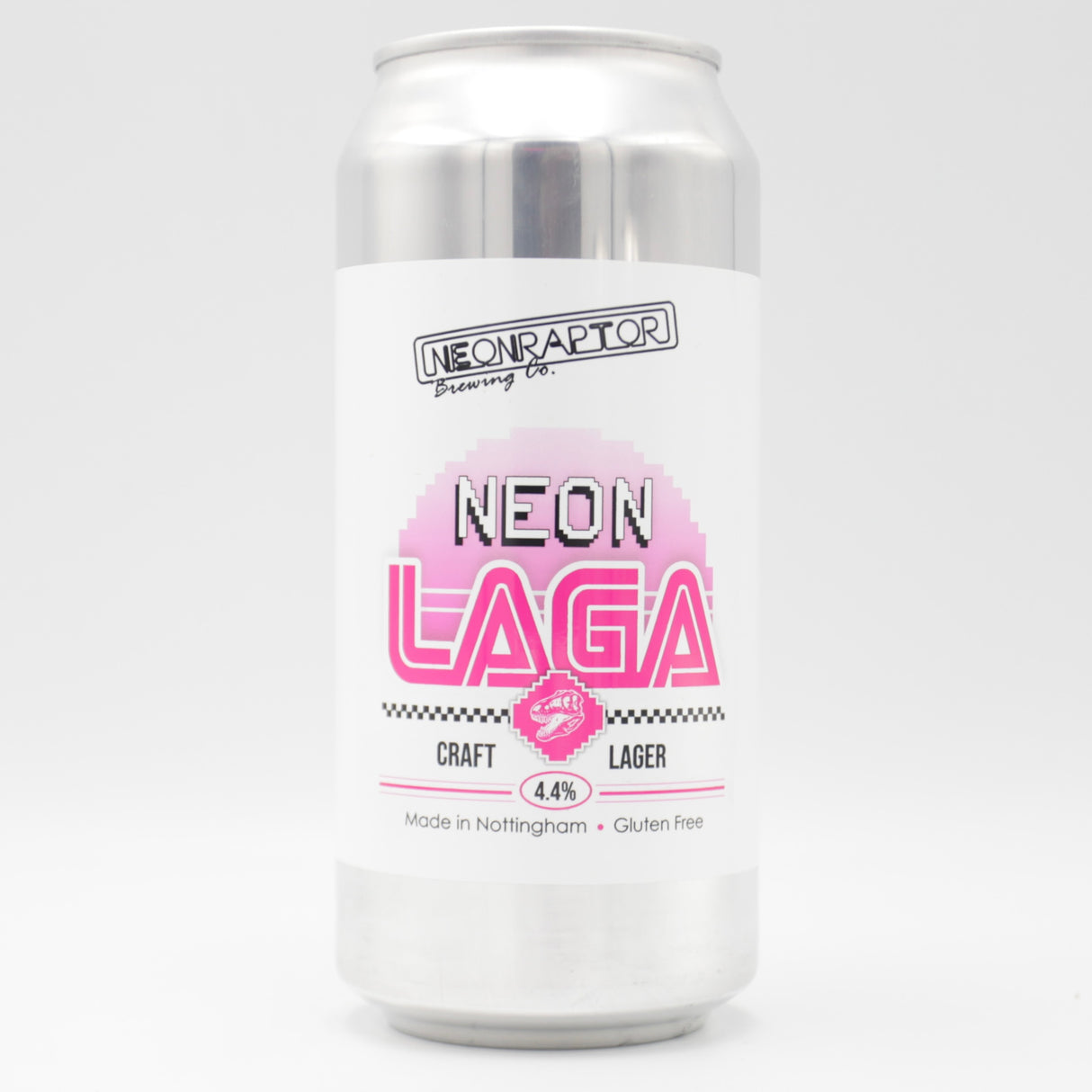 This is a can of Neon Raptor - Neon Laga - 4.4% (440ml). It is a Lager / Pilsner / Kölsch craft beer available to buy from Ghost Whale, voted London's best craft beer shop.