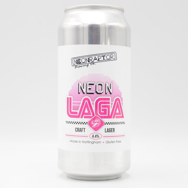 This is a can of Neon Raptor - Neon Laga - 4.4% (440ml). It is a Lager / Pilsner / Kölsch craft beer available to buy from Ghost Whale, voted London's best craft beer shop.