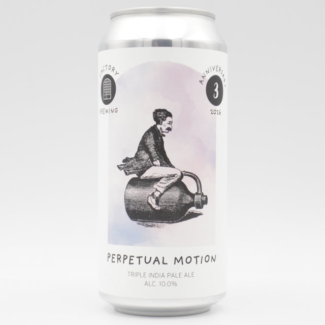 This is a can of Factory Brewing / Arpus Brewing Co - Perpetual Motion - 10% (440ml). It is a Triple IPA craft beer available to buy from Ghost Whale, voted London's best craft beer shop.