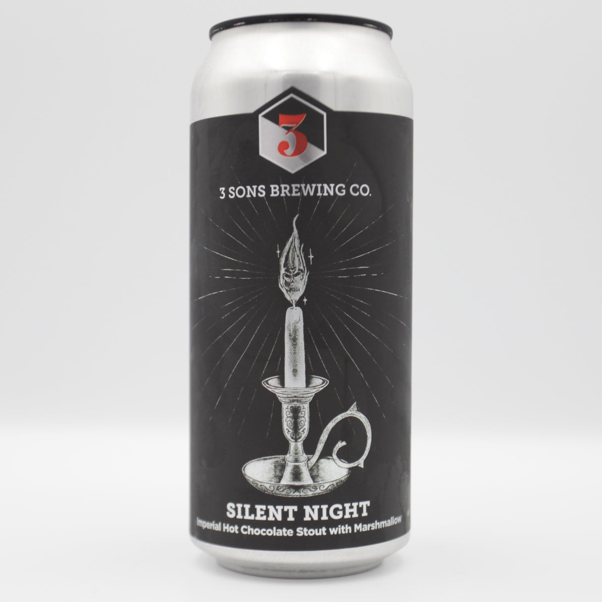 This is a can of 3 Sons - Silent Night - 10% (473ml). It is a Imperial Stout / Porter craft beer available to buy from Ghost Whale, voted London's best craft beer shop.