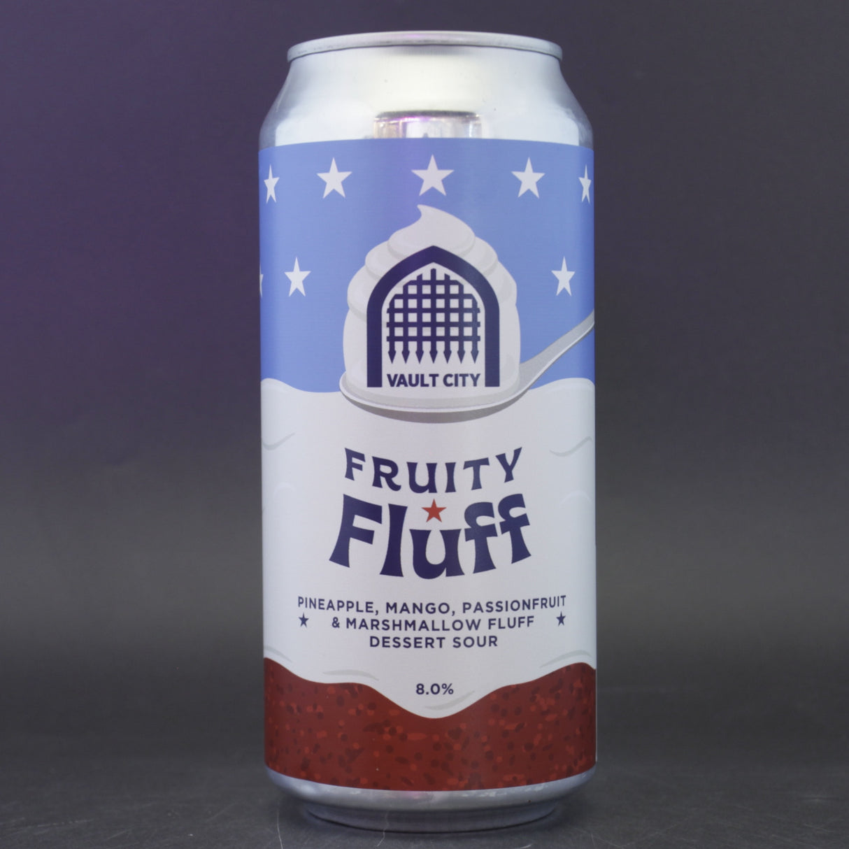 This is a can of Vault City - Fruity Fluff - 8% (440ml). It is a Sour craft beer available to buy from Ghost Whale, voted London's best craft beer shop.