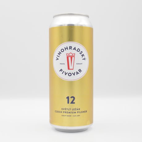 This is a can of Vinohradsky Pivovar - Vinohradská 12 - 4.8% (500ml). It is a Lager / Pilsner / Kölsch craft beer available to buy from Ghost Whale, voted London's best craft beer shop.