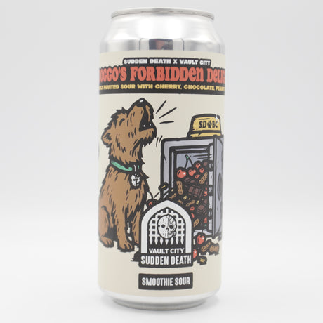 This is a can of Sudden Death / Vault City - Doggo's Forbidden Fruit - 5% (440ml). It is a Sour craft beer available to buy from Ghost Whale, voted London's best craft beer shop.