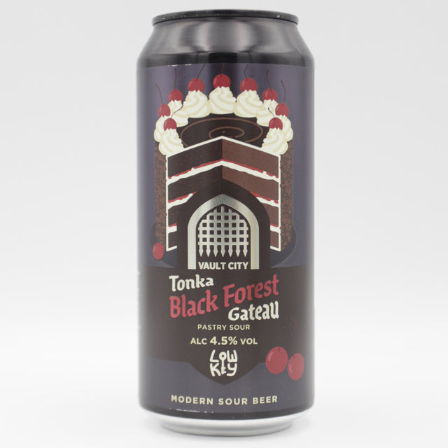 This is a can of Vault City / Low Key Barrel Project - Tonka Black Forest Gateau - 4.5% (440ml). It is a Sour craft beer available to buy from Ghost Whale, voted London's best craft beer shop.