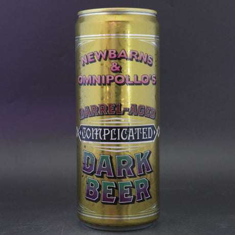 This is a can of Newbarns / Omnipollo - Barrel Aged Complicated Dark Beer - 9.5% (330ml). It is a Imperial Stout / Porter craft beer available to buy from Ghost Whale, voted London's best craft beer shop.