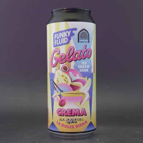 This is a can of Funky Fluid / Vault City - Gelato: Crema - 5.5% (500ml). It is a Sour craft beer available to buy from Ghost Whale, voted London's best craft beer shop.