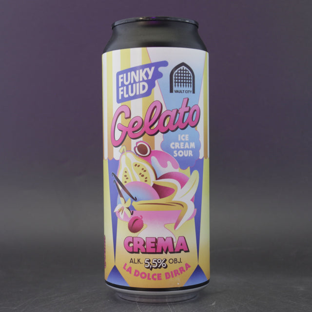 This is a can of Funky Fluid / Vault City - Gelato: Crema - 5.5% (500ml). It is a Sour craft beer available to buy from Ghost Whale, voted London's best craft beer shop.