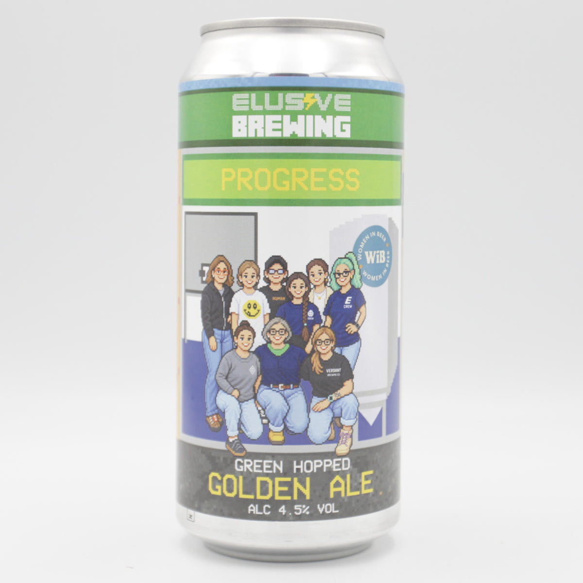 This is a can of Elusive Brewing - Progress - 4.5% (440ml). It is a Blonde / Golden Ale craft beer available to buy from Ghost Whale, voted London's best craft beer shop.