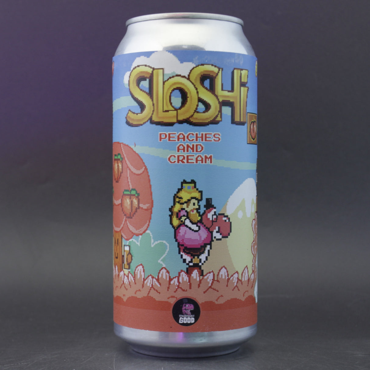This is a can of Staggeringly Good - Sloshi: Peaches & Cream - 6% (440ml). It is a Sour craft beer available to buy from Ghost Whale, voted London's best craft beer shop.