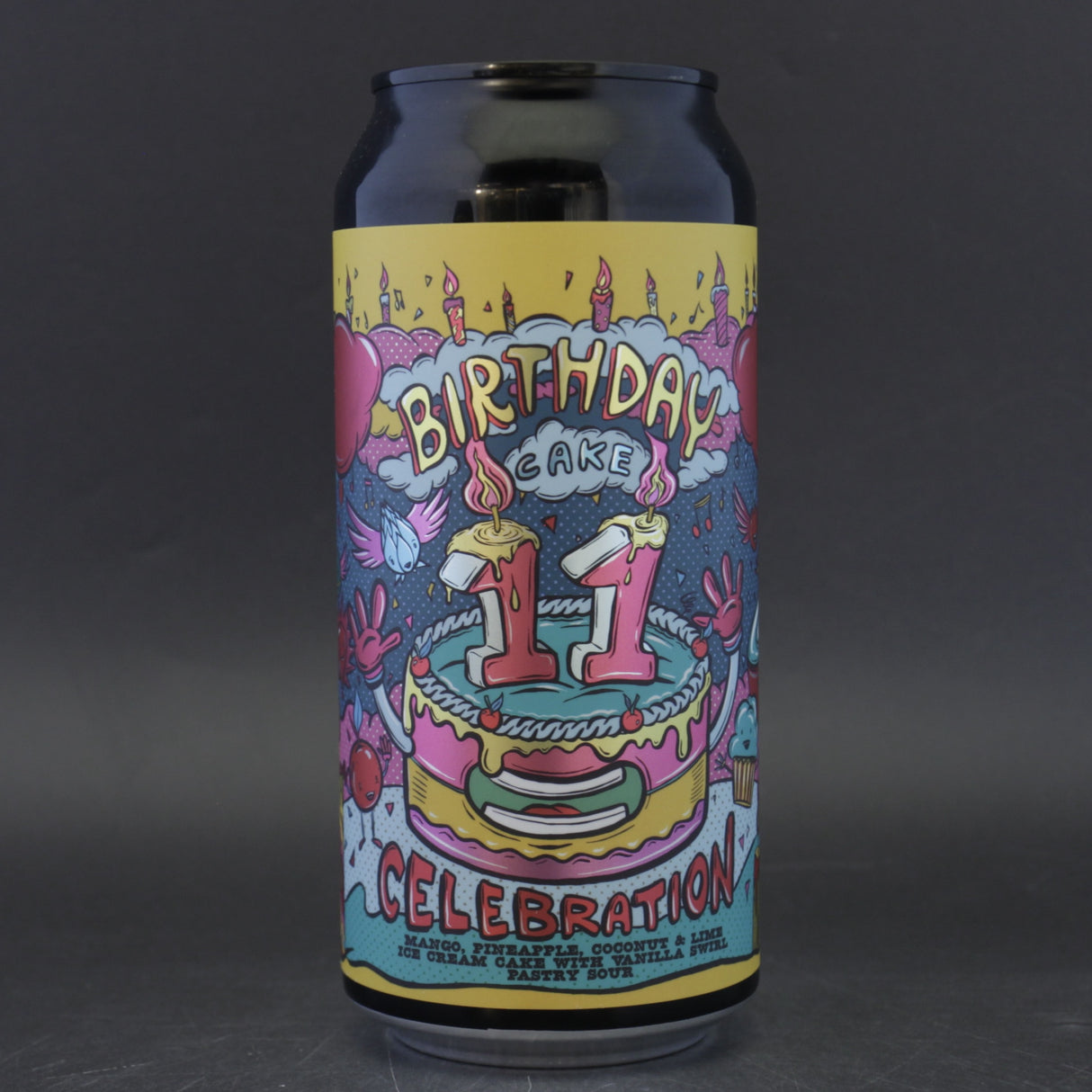 This is a can of Amundsen - 11th Birthday Cake: Mango, Pineapple, Coconut, & Lime Ice Cream Cake With Vanilla Swirl - 6.5% (440ml). It is a Sour craft beer available to buy from Ghost Whale, voted London's best craft beer shop.