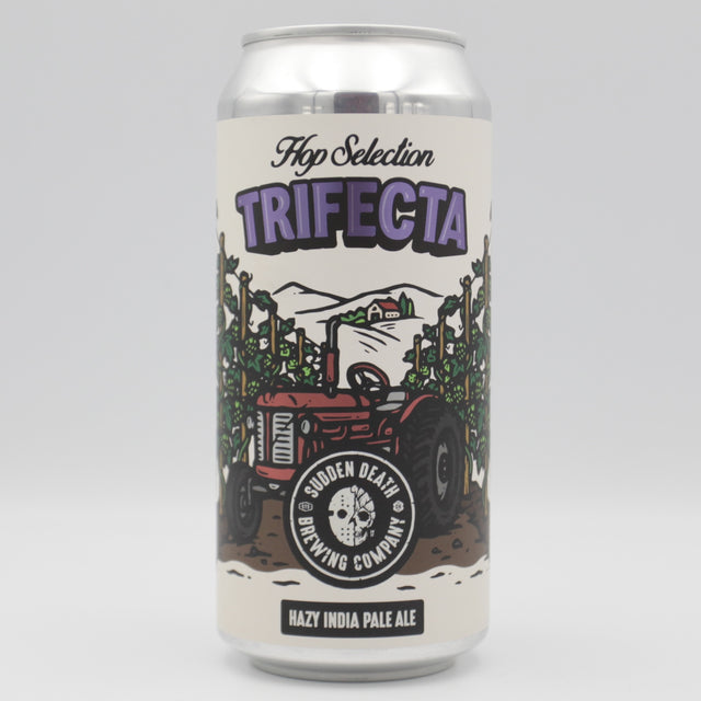 This is a can of Sudden Death - Hop Selection Trifecta - 6.5% (440ml). It is a IPA craft beer available to buy from Ghost Whale, voted London's best craft beer shop.