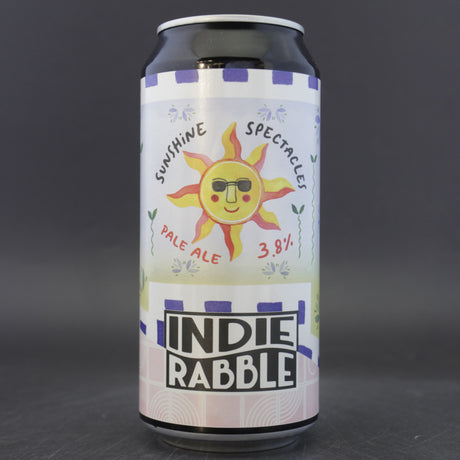 This is a can of Indie Rabble - Sunshine Spectacles - 3.8% (440ml). It is a Pale Ale craft beer available to buy from Ghost Whale, voted London's best craft beer shop.