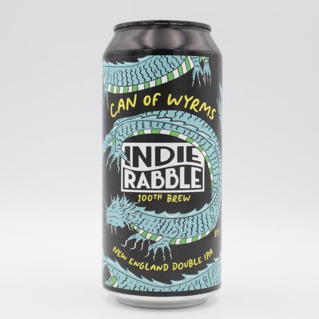 This is a can of Indie Rabble - Can Of Wyrms - 8% (440ml). It is a Double IPA craft beer available to buy from Ghost Whale, voted London's best craft beer shop.