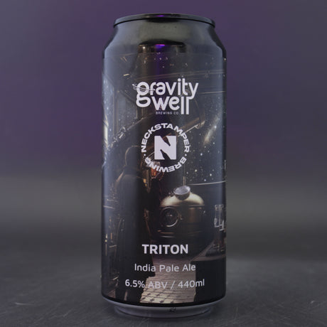This is a can of Gravity Well - Triton - 6.5% (440ml). It is a IPA craft beer available to buy from Ghost Whale, voted London's best craft beer shop.