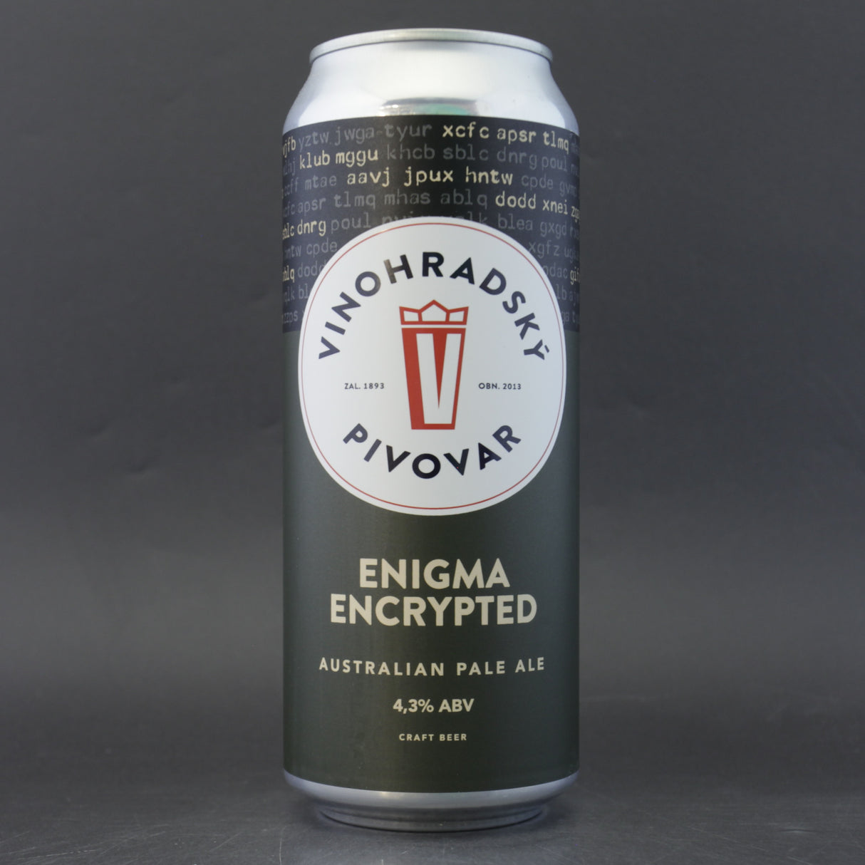 This is a can of Vinohradsky Pivovar - Enigma Encrypted - 4.3% (500ml). It is a Pale Ale craft beer available to buy from Ghost Whale, voted London's best craft beer shop.