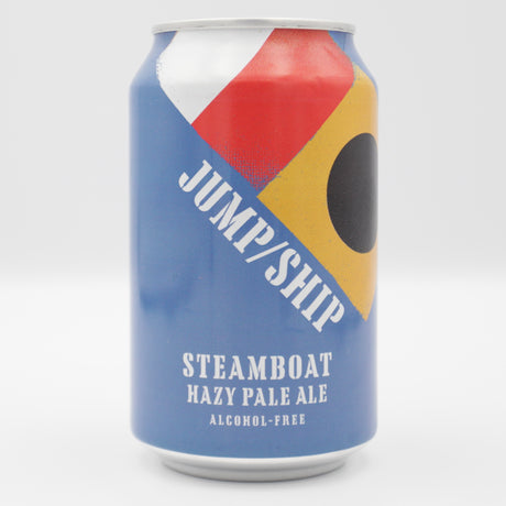 This is a can of Jump Ship Brewing - Steamboat Hazy Pale - 0.5% (330ml). It is a Pale Ale craft beer available to buy from Ghost Whale, voted London's best craft beer shop.