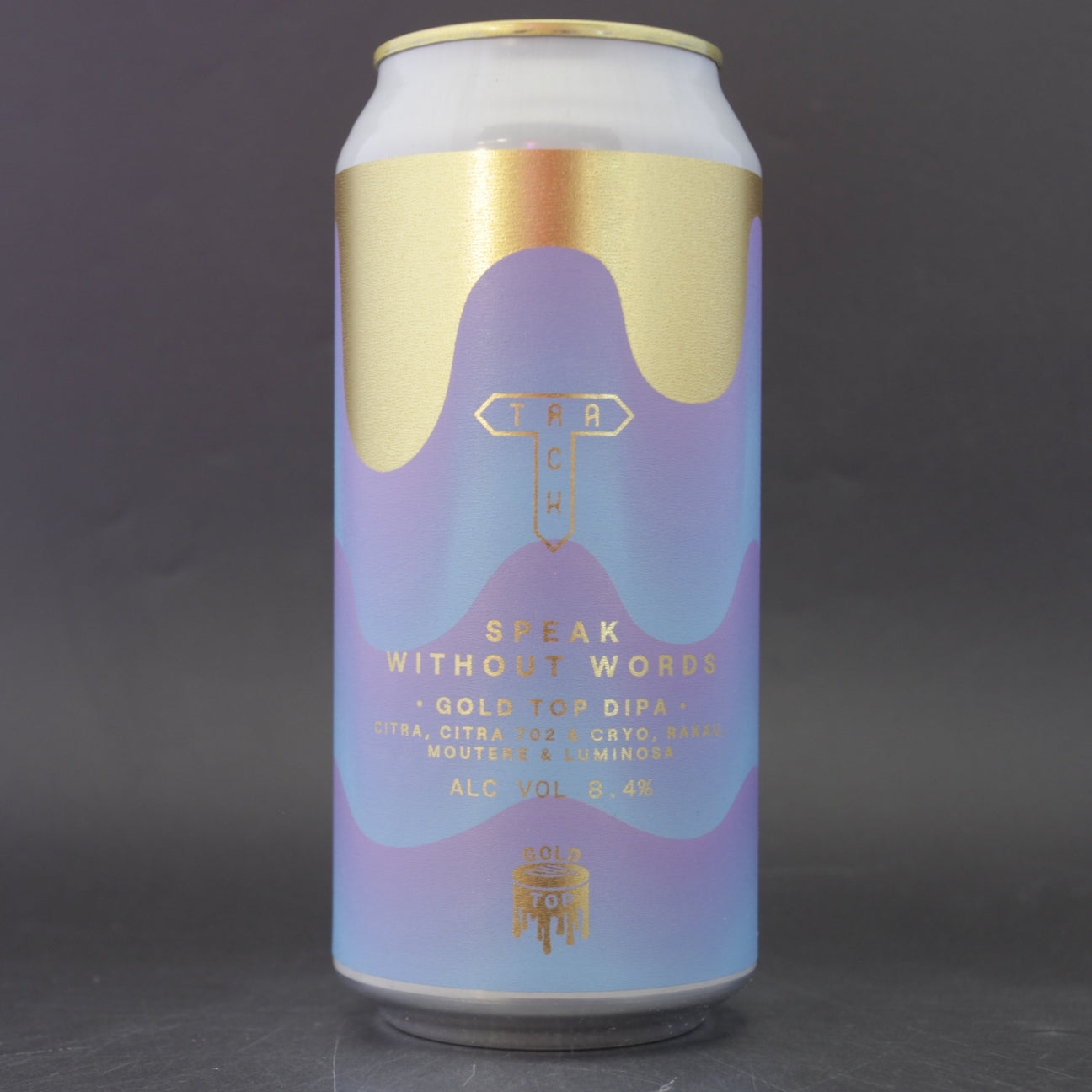 This is a can of Track - Gold Top: Speak Without Words - 8.4% (440ml). It is a Double IPA craft beer available to buy from Ghost Whale, voted London's best craft beer shop.