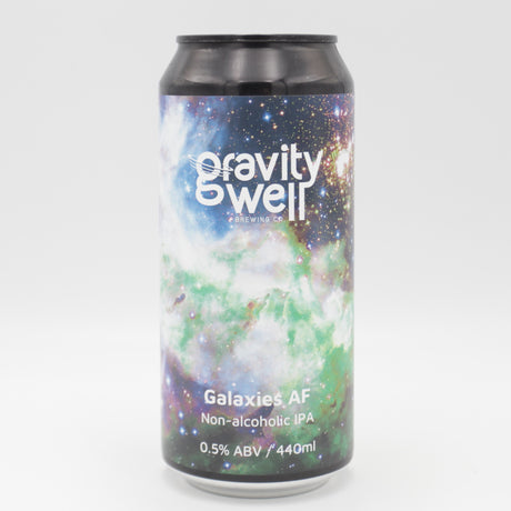 This is a can of Gravity Well - Galaxies Apart AF - 0.5% (440ml). It is a IPA craft beer available to buy from Ghost Whale, voted London's best craft beer shop.