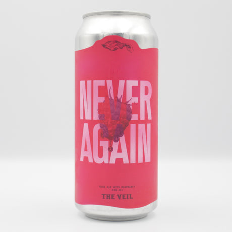 This is a can of The Veil - Never Again - 4.9% (473ml). It is a Gose craft beer available to buy from Ghost Whale, voted London's best craft beer shop.