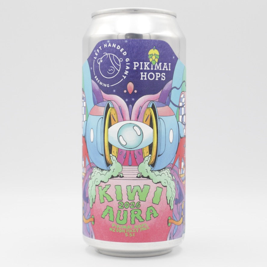 This is a can of Left Handed Giant - Kiwi Aura '26: Pikimai Hops - 5.5% (440ml). It is a Pale Ale craft beer available to buy from Ghost Whale, voted London's best craft beer shop.