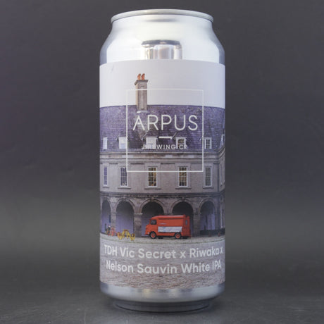This is a can of Arpus Brewing Co - TDH Vic Secret x Riwaka x Nelson White IPA - 6.5% (440ml). It is a IPA craft beer available to buy from Ghost Whale, voted London's best craft beer shop.