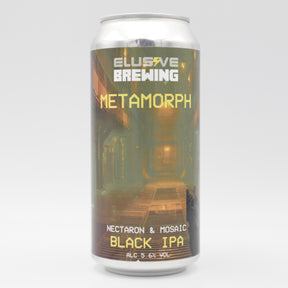 This is a can of Elusive Brewing - Metamorph - 5.6% (440ml). It is a IPA craft beer available to buy from Ghost Whale, voted London's best craft beer shop.