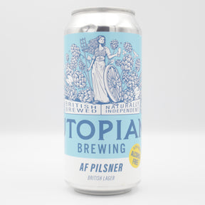 This is a can of Utopian - AF Pilsner - 0.5% (440ml). It is a Lager / Pilsner / Kölsch craft beer available to buy from Ghost Whale, voted London's best craft beer shop.