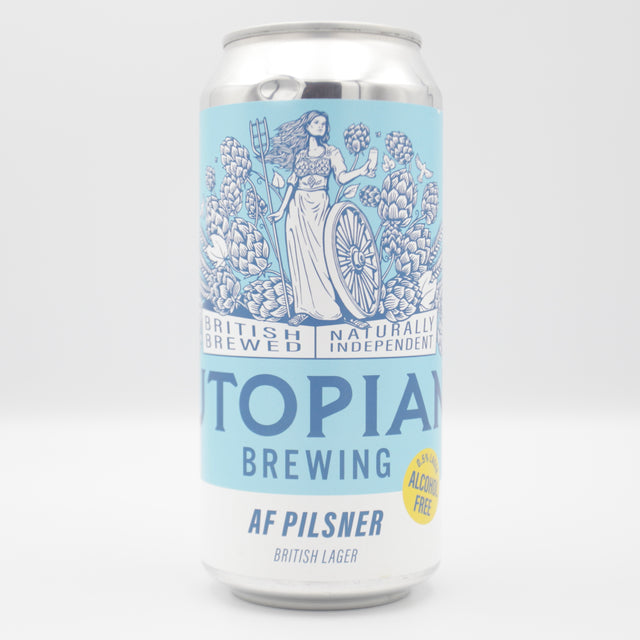 This is a can of Utopian - AF Pilsner - 0.5% (440ml). It is a Lager / Pilsner / Kölsch craft beer available to buy from Ghost Whale, voted London's best craft beer shop.