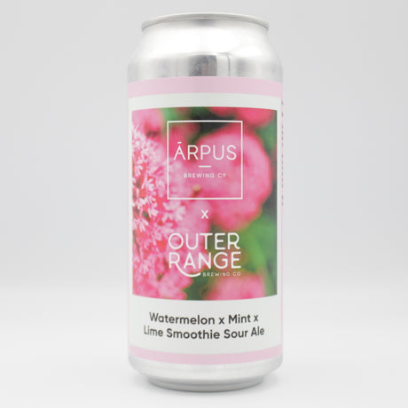 This is a can of Arpus Brewing Co / Outer Range - Watermelon x Mint x Lime Smoothie Sour - 5% (440ml). It is a Sour craft beer available to buy from Ghost Whale, voted London's best craft beer shop.