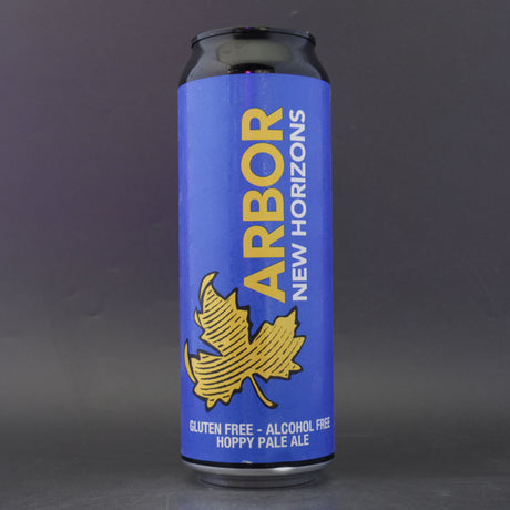 This is a can of Arbor - New Horizons - 0.5% (568ml). It is a Pale Ale craft beer available to buy from Ghost Whale, voted London's best craft beer shop.