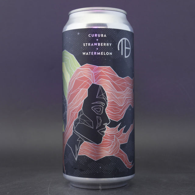 This is a can of Mortalis - Gemini (Curuba + Strawberry + Watermelon) - 7% (473ml). It is a Sour craft beer available to buy from Ghost Whale, voted London's best craft beer shop.