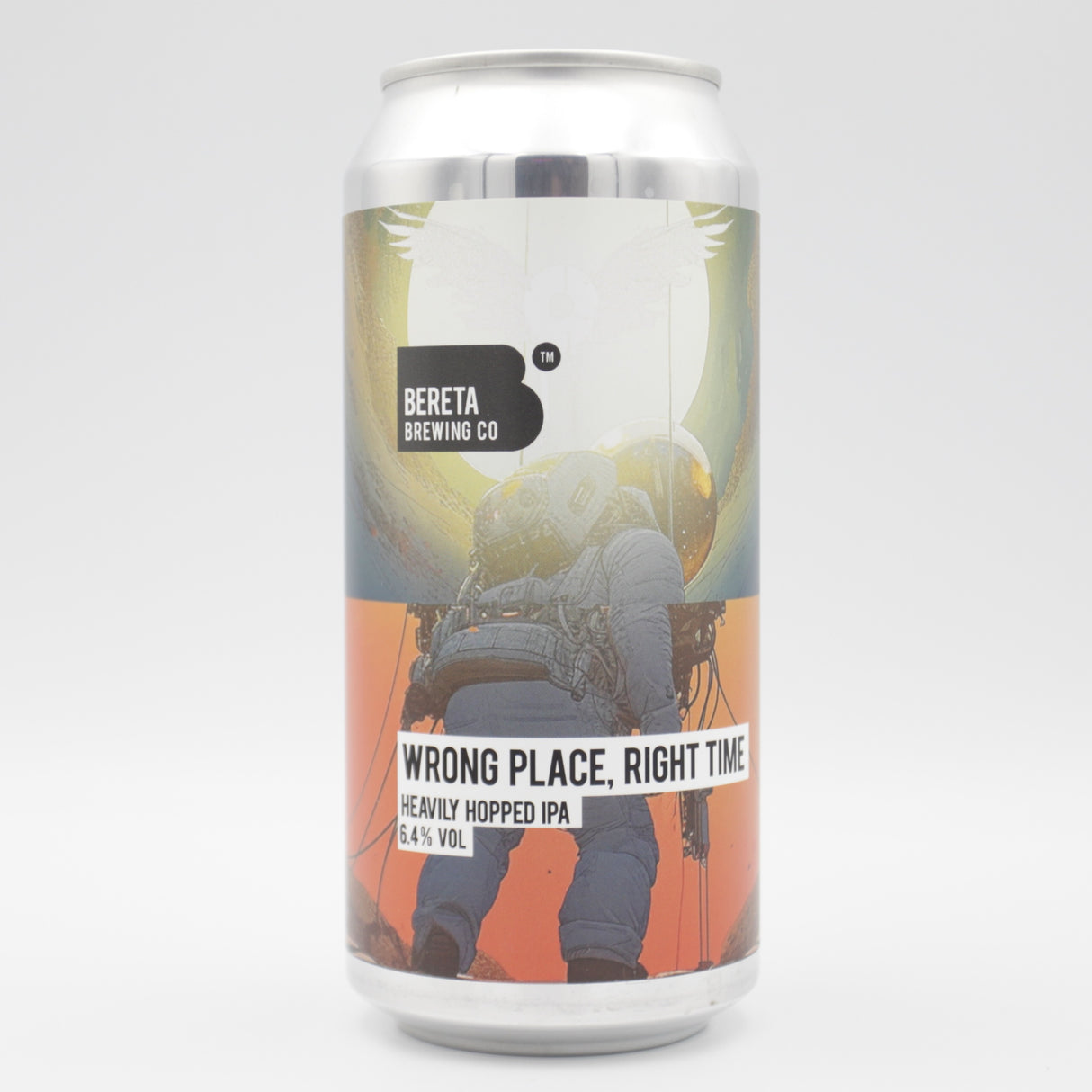 This is a can of Bereta Brewing Co. - Wrong Place, Right Time - 6.4% (440ml). It is a IPA craft beer available to buy from Ghost Whale, voted London's best craft beer shop.