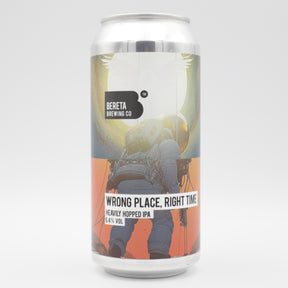This is a can of Bereta Brewing Co. - Wrong Place, Right Time - 6.4% (440ml). It is a IPA craft beer available to buy from Ghost Whale, voted London's best craft beer shop.