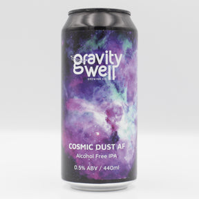 This is a can of Gravity Well - Cosmic Dust AF - 0.5% (440ml). It is a Pale Ale craft beer available to buy from Ghost Whale, voted London's best craft beer shop.