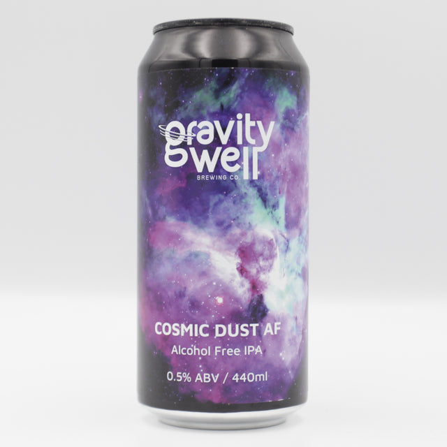 This is a can of Gravity Well - Cosmic Dust AF - 0.5% (440ml). It is a Pale Ale craft beer available to buy from Ghost Whale, voted London's best craft beer shop.