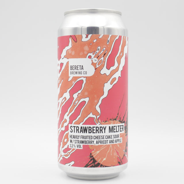 This is a can of Bereta Brewing Co. - Strawberry Melter - 3.2% (440ml). It is a Sour craft beer available to buy from Ghost Whale, voted London's best craft beer shop.