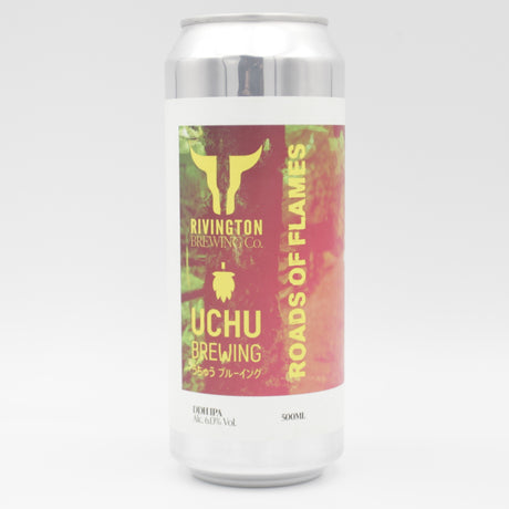 This is a can of Rivington / Uchu - Road Of Flames - 6% (500ml). It is a IPA craft beer available to buy from Ghost Whale, voted London's best craft beer shop.
