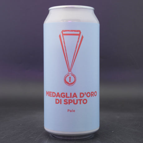 This is a can of Pomona Island - Medaglia D'Oro De Sputo - 5.4% (440ml). It is a Pale Ale craft beer available to buy from Ghost Whale, voted London's best craft beer shop.