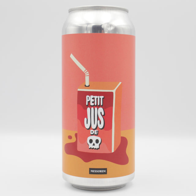 This is a can of Messorem - Petit Jus Mort: Framboise + Peche - 6% (473ml). It is a Sour craft beer available to buy from Ghost Whale, voted London's best craft beer shop.